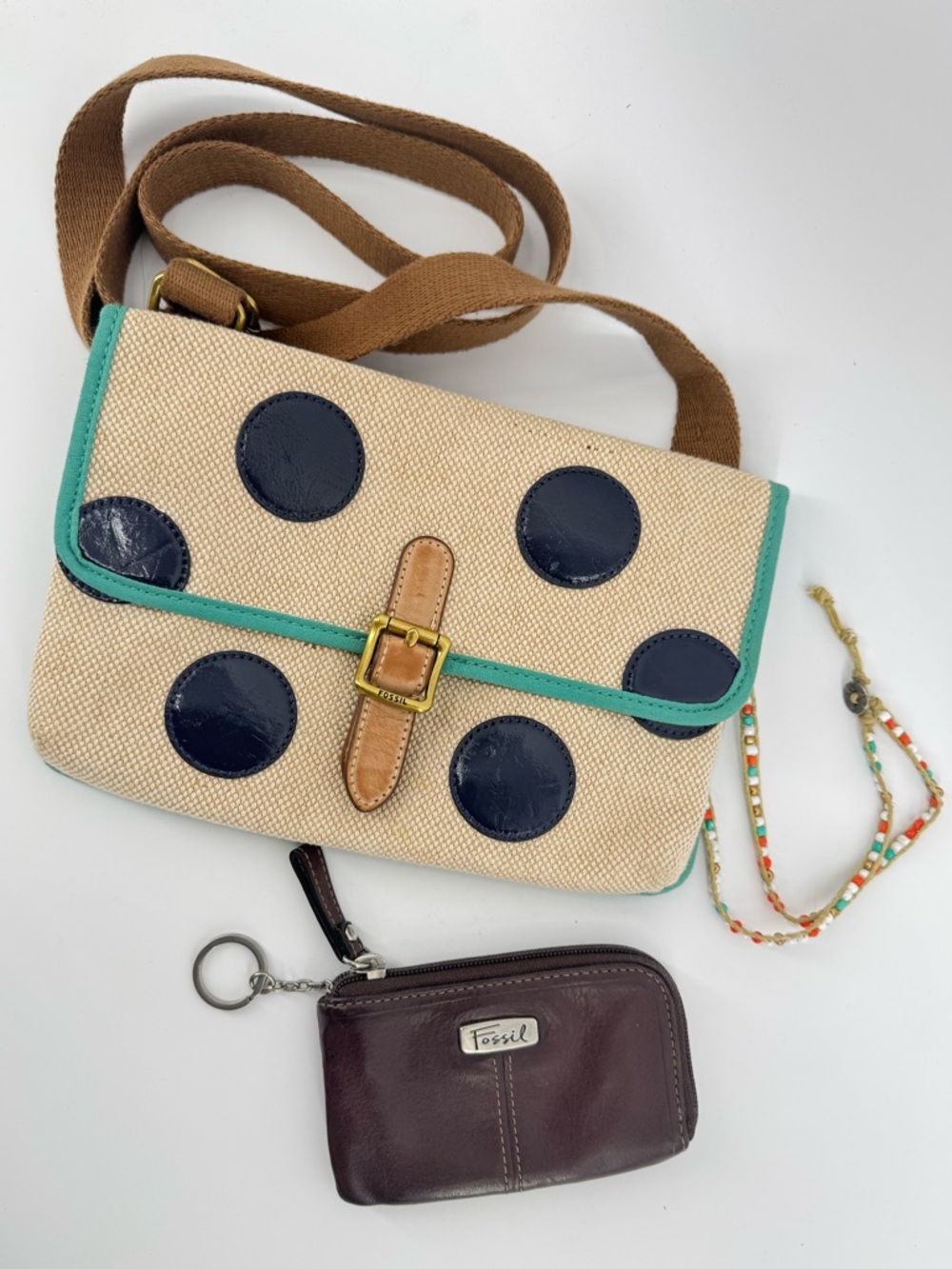 Fossil Beige Summer Crossbody Polka DotsFossil Genuine Leather Coin Purse Bundle